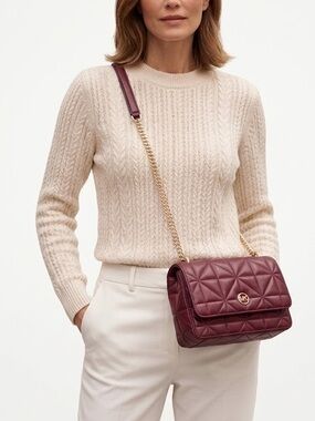 Michael Kors Abbott MD Flap Quilted Leather Chain Shoulder Bag Dark Berry